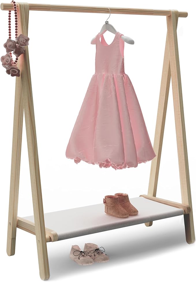 Dress up Rack, Child Garment Rack, Kids Clothing Rack with Storage Shelf (Natural Pine, 38" L x 14.5" W x 43.7" H)