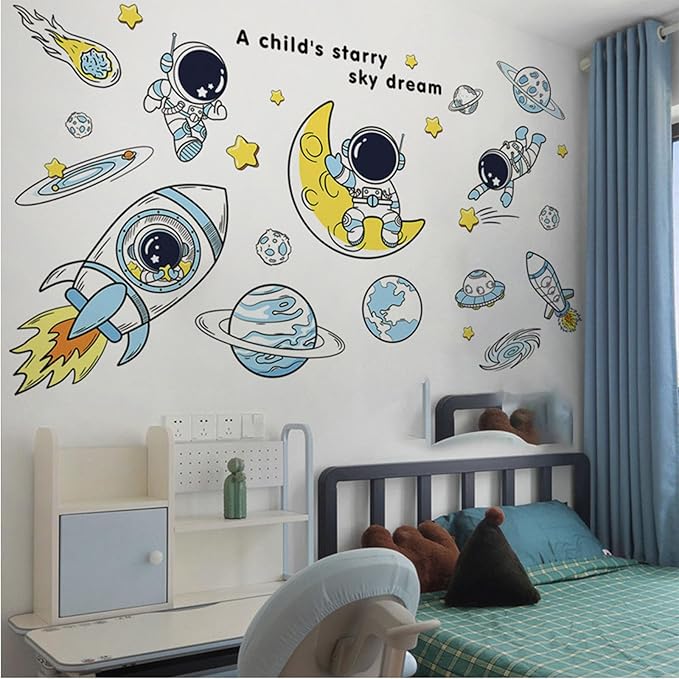 Space Decor Astronaut Wall Stickers - Space Theme Bedroom Classroom Playroom Murals & Decals - Wall Decals for Boys Girls Room - Outer Space Wallpaper With Planets