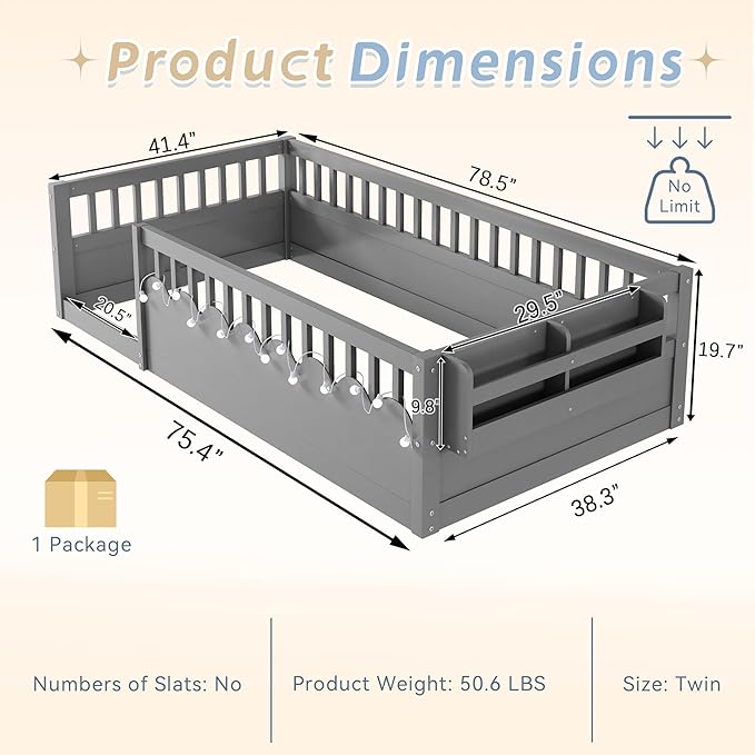 Twin Toddler Floor Bed with High Rails, Wooden Montessori Bed Frame with Light and Storage Shelf, Twin Size Bed Frame for Kids, Boys and Girls, Grey