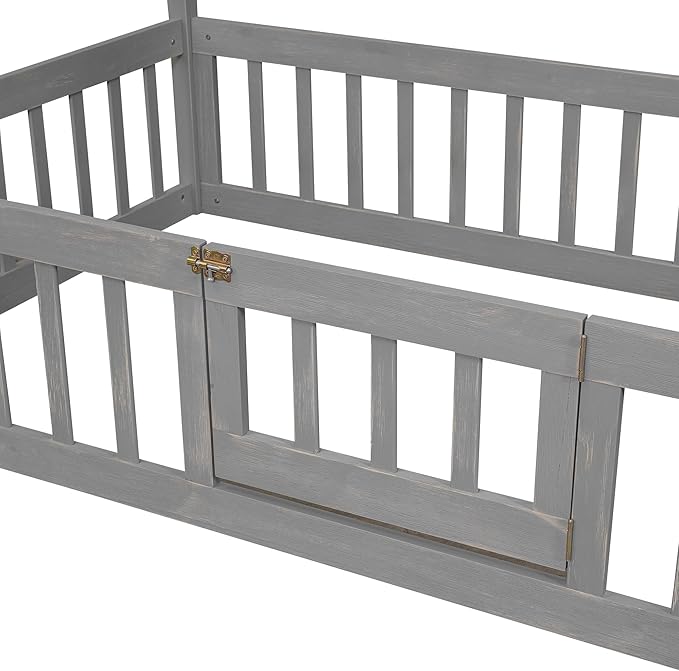 Merax Wooden House Bed, Floor Bedframe with Fence and Door,Full Guardrail, Twin Size, Grey
