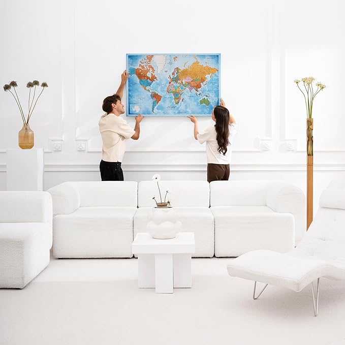 Canvas World Map with Cork Pin Board - English Lettering - Decorative Wall Decoration for All Rooms - Canvas Pictures with World Map Motif (70x50 cm, Pattern 21)