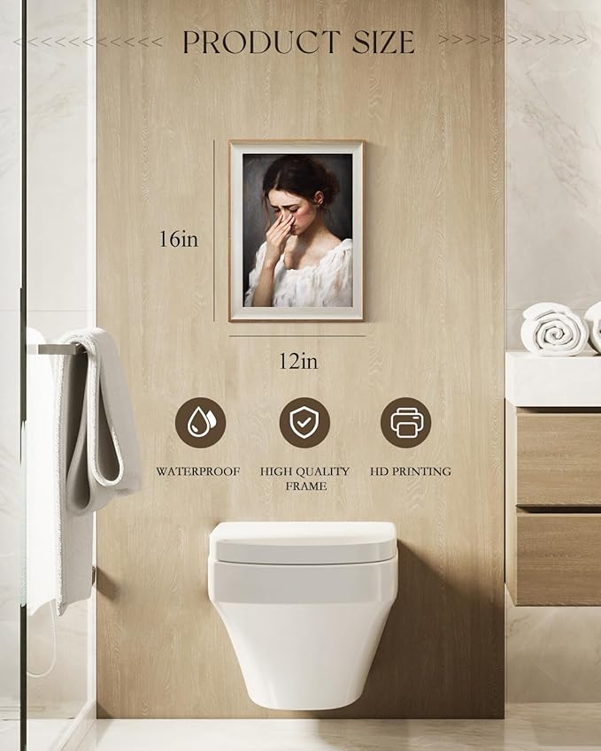 Framed Canvas Wall Art, 12x16 Inch Vintage Inspired Portrait of Woman with Subtle Humor, Classic Oil Painting Style Funny Bathroom and Bedroom Decor