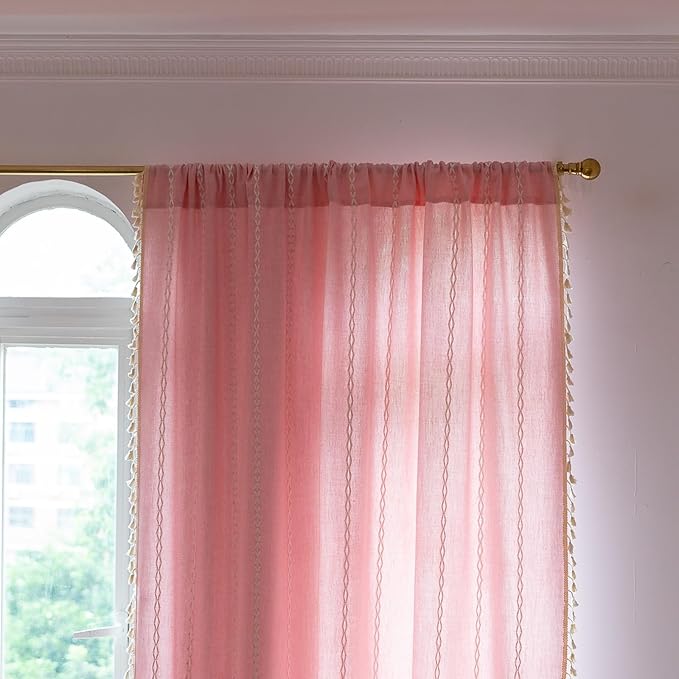 Deeprove Pink Boho Curtains 72 inches Length, Vintage Bohemian Embroidery Farmhouse Cotton Linen Fringe Window Treatments Girl Nursery Bedroom Living Room Dinging Room Decor, W52 x L72, 1 Panel
