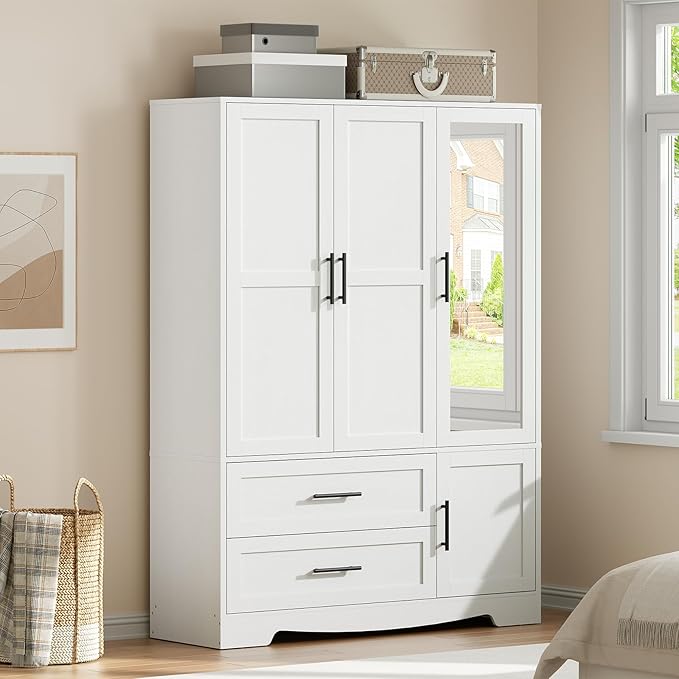HOOBRO Armoire Wardrobe Closet with Mirror, Wooden Wardrobe Closet with 4 Doors and 2 Drawers, 70.9" Bedroom Armoire with Hanging Rod for Bedroom, Clothing Storage Closets, Adjustable Shelves, White