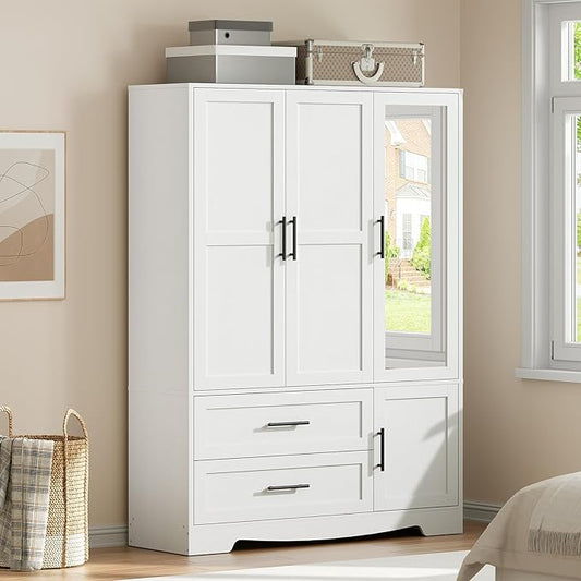 HOOBRO Armoire Wardrobe Closet with Mirror, Wooden Wardrobe Closet with 4 Doors and 2 Drawers, 70.9" Bedroom Armoire with Hanging Rod for Bedroom, Clothing Storage Closets, Adjustable Shelves, White
