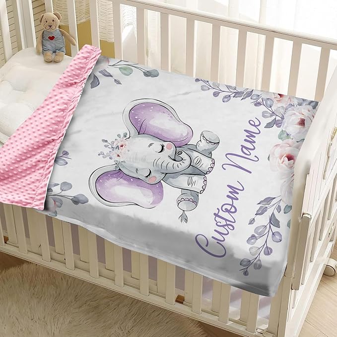 Personalized Baby Blankets for Boys Girls, Custom Name Light Purple Elephant Baby Blanket, Soft Receiving Blanket for Newborns and Toddlers, Ideal for Baby Showers and Nursery Decor
