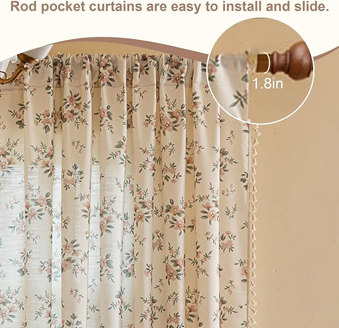 OYX Pink Boho Floral Window Curtains 84 Inch Long 2 Panels, French Vintage Farmhouse Vintage Country Rustic Tassels Printed Drapes for Living Room Bedroom, Rod Pocket Light Filtering Decor Aesthetic