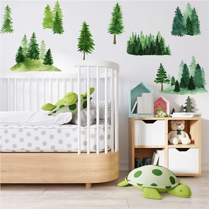 Watercolor Pine Tree Wall Decals Green Pine Tree Wall Sticker Large Tree Wall Decals Nature Woodland Forest Tree Wall Stickers for Nursery Bedroom Living Room Decor
