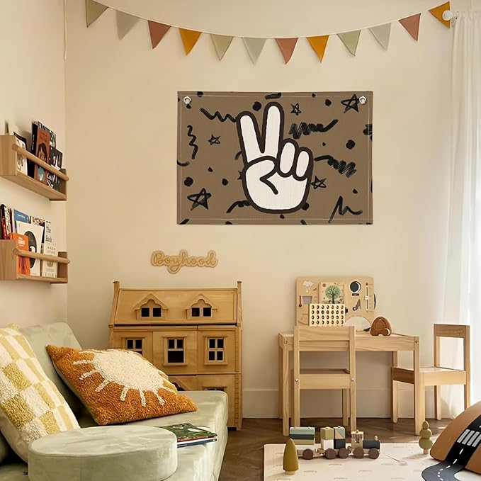 Boys Room Playroom Nursery Decor, Peace Hand Linen Banner Wall Hanging Flag, Retro Preppy Boys Gifts for Boy Room Dorm Decor 20x30