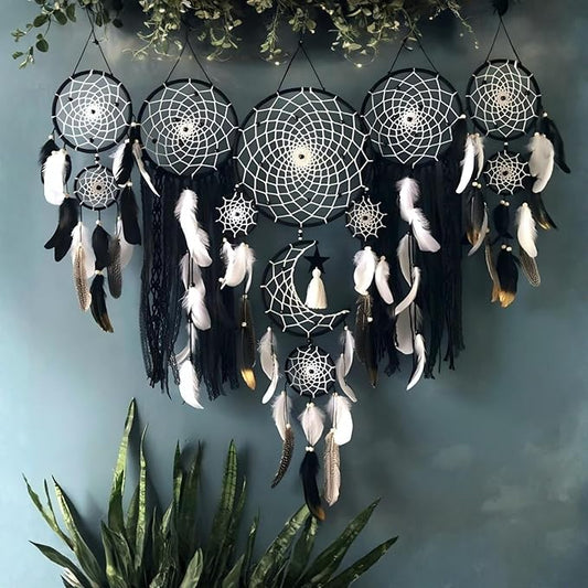 Dream Catcher Wall Decor,Large Boho Dream Catcher with Luxurious Feathers & Beads, Handmade Wall Hanging for Bedroom, Nursery, Living Room, Gift Ready for Girls & Adults (Black)
