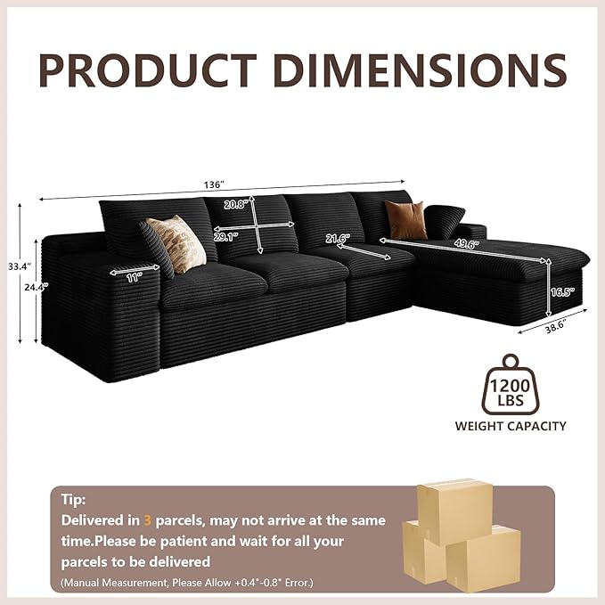 Cloud Sectional Couch,136 Inch Modular Sectional Sofa with Deep Seat, Modern Corduroy Boneless Couches with L-Shape Chaise for Living Room Bedroom, No Assembly Required (Black, Right Facing Chaise)