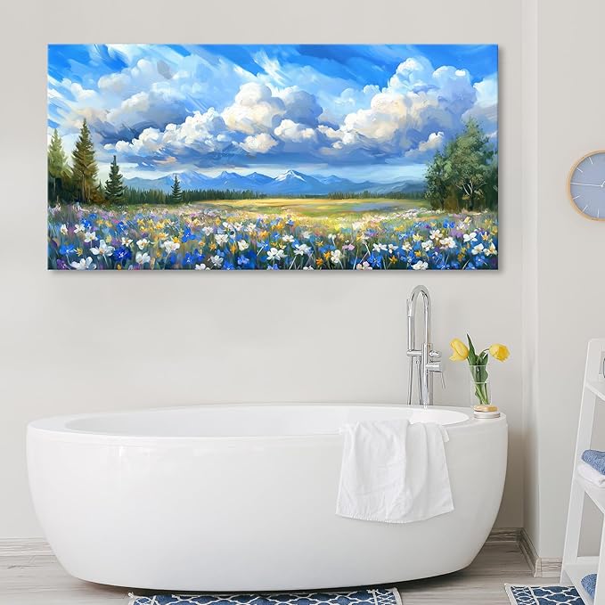 Mountain Wildflower Wall Art, Natural Landscape Wall Decor Painting Blue Sky White Cloud Scenery Picture for Living Room, Farmhouse Nature Colorful Flower Canvas Prints Artwork for Bedroom 23x46 inch