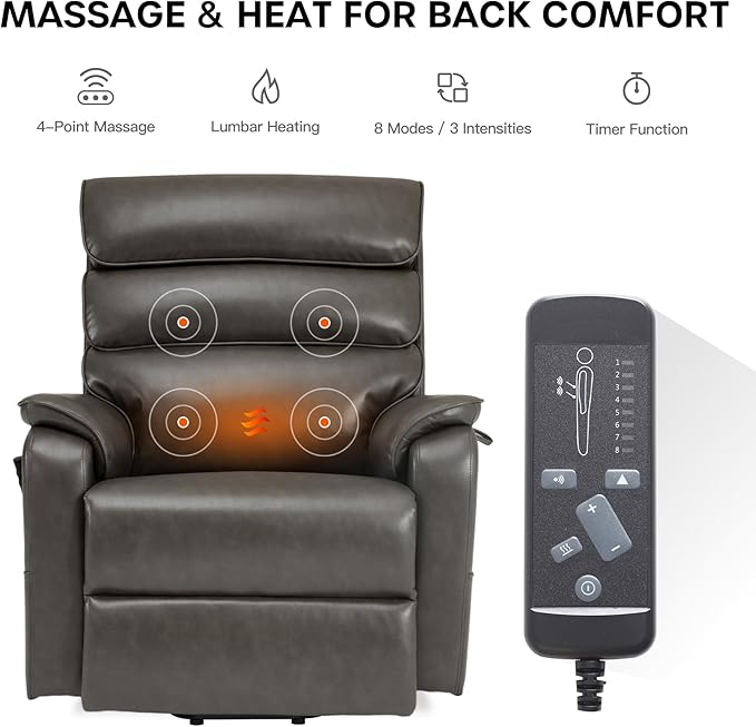 DYNOX Big Man Large-Wide Power Dual Motor Lift Recliners Chairs for Elderly Lay Flat Lift Chair with Infinite Positions, Heat & Massage, Supports 400 LBS(9298,Faux Leather,Grey)