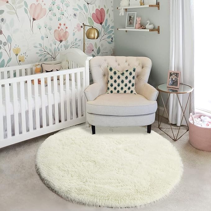Amdrebio Ivory White Round Rug 5Ft for Bedroom Living Room Aesthetic, Washable Fluffy Fuzzy Circle Area Rugs for Kids Room Playroom, Circular Plush Soft Shaggy Cream Carpet for Dorm Teen Baby Nursery