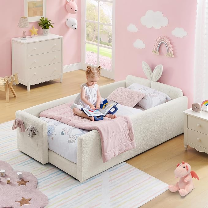 Twin Size Kids Bed with Rabbit Ear Headboard, Upholstered Boucle Fabric Twin Daybed with Slats Support & Side Pockets, Space-Saving Wooden Corner Sofa Couch Bed Frame, for Girls, Boys, Teenager(Beige)