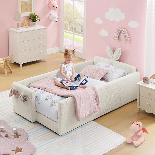 Twin Size Kids Bed with Rabbit Ear Headboard, Upholstered Boucle Fabric Twin Daybed with Slats Support & Side Pockets, Space-Saving Wooden Corner Sofa Couch Bed Frame, for Girls, Boys, Teenager(Beige)