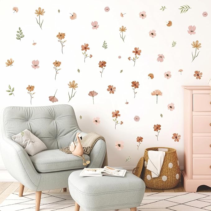 Small Flower Wall Stickers Boho Floral Wall Decals Watercolor Wildflower Decals Cute Flowers Stickers Removable Retro Floral Decal for Nursery Girls Bedroom Decor