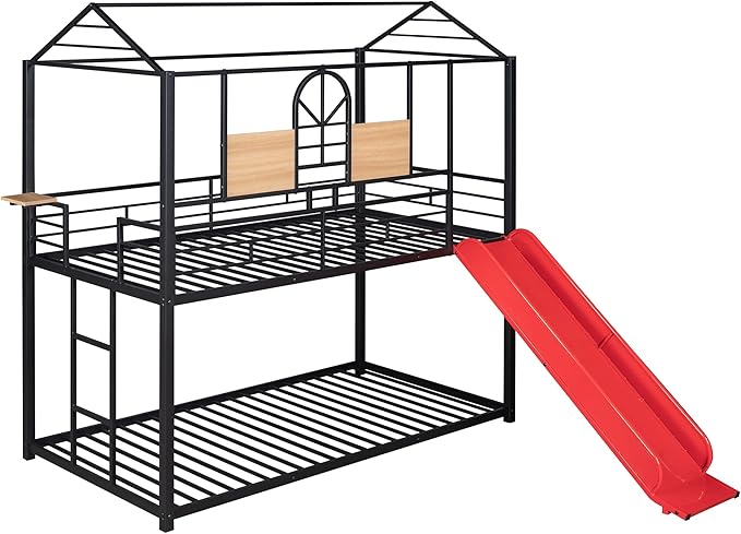 MERITLINE Metal Bunk Bed Twin Over Twin Bunk Bed Frame with Slide,Twin Over House Bed with Guardrails