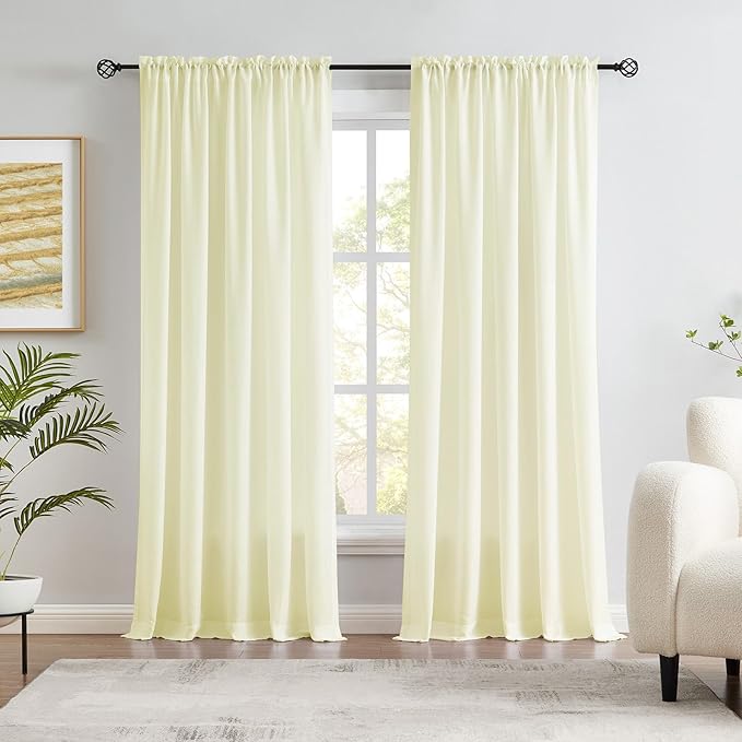 Melodieux Cream Yellow Velvety Semi Sheer Curtains 84 Inches Long for Bedroom, Living Room Natural Cotton Texture Rod Pocket Window Sheer Drapes, 52 by 84 Inch (2 Panels)
