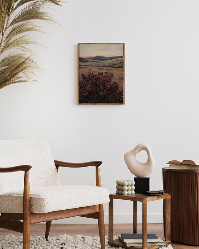 ARPEOTCY Vintage Framed Canvas Wall Art, 12x16inch, Farmhouse Landscape Wall Decor, Moody Art Prints Home Decorations, Maroon Wildflower Scenery Paintings for Living Room Bedroom Office Decor