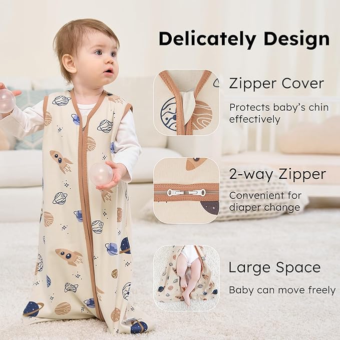 Baby Sleep Sack 6-12 months, 100% Cotton Sleeping Sack for Newborn and Infant, 3 Pack Baby Wearable Blanket for Boy and Girl, 0.5 Tog Lightweight Double Zipper Sleep Bag Coffee Dinosaur Planet
