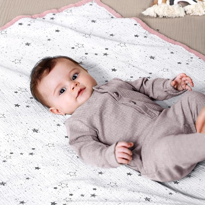 lulumoon Muslin Baby Blanket - Cotton Quilt Blankets for Toddlers - Reversible Nursery Crib Blanket for Baby Boys and Girls 47"x47"(Pink Star)