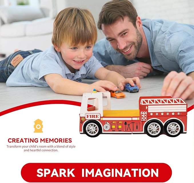 HMFULE Twin Bed Frames for Kids, Wood Fire Truck-Shaped Bed Frame Platform with Wheels LED Lights & Slat Support for Toddler, Teens, Boys or Girls, No Box Spring Needed (Red)