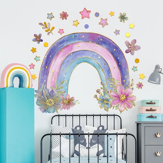 Colorful Rainbow Wall Stickers for Girls Room Watercolor Boho Rainbow Wall Decals & Murals Peel and Stick Floral Decor for Kids Room Nursery Bedroom (Purple)