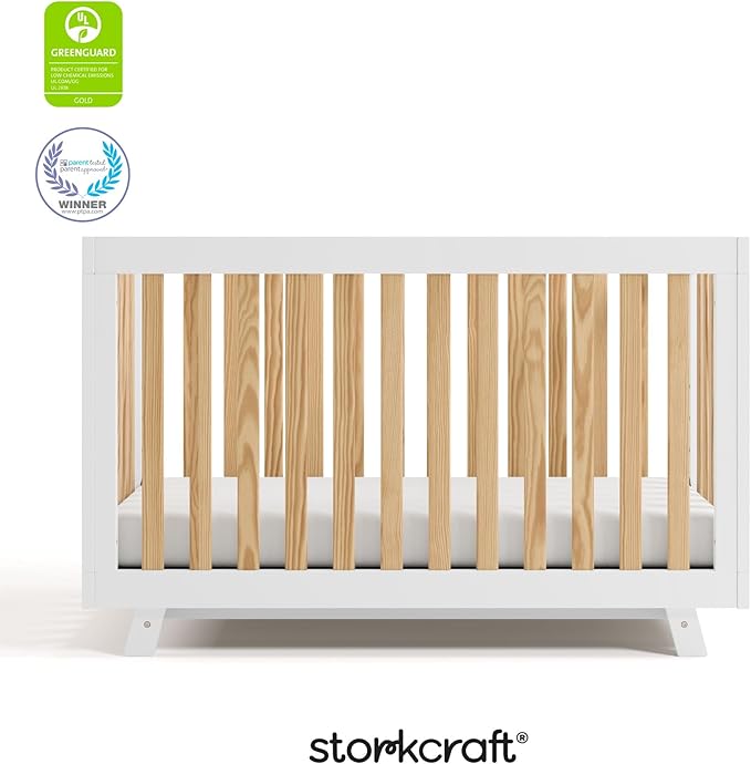 Storkcraft Beckett 3-in-1 Convertible Crib (Natural & White) – GREENGUARD Gold Certified, Fits Standard Crib Mattress, Converts to Toddler Bed and Daybed, 4 Mattress Heights, Grow-with-Me Design