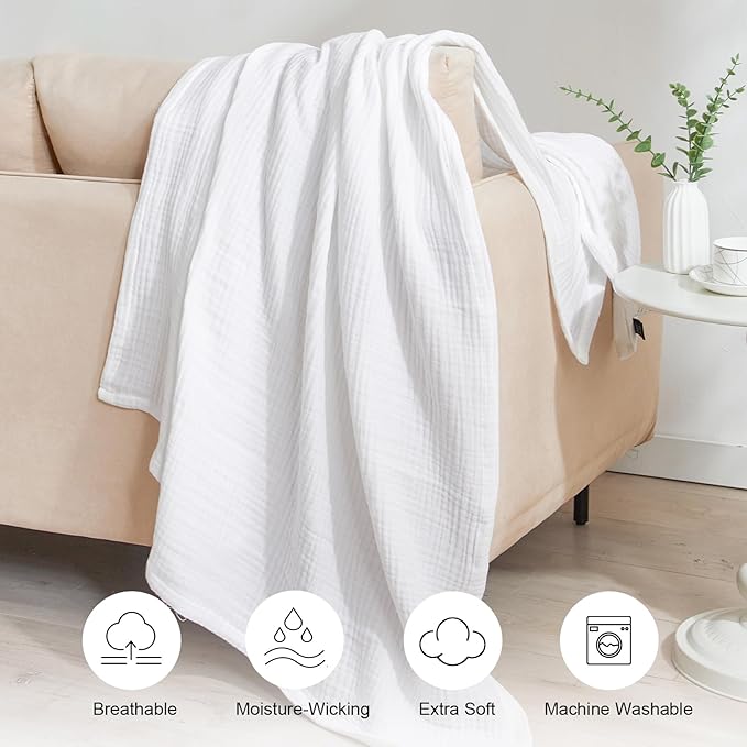 PHF 100% Cotton Muslin Throw XL Blanket Large 50" x 70", 4-Layer Lightweight Gauze Throw, Breathable Cloud-Soft Minimalist Blanket for Bed, Couch, Camping & Baby, White, Ideal Gift