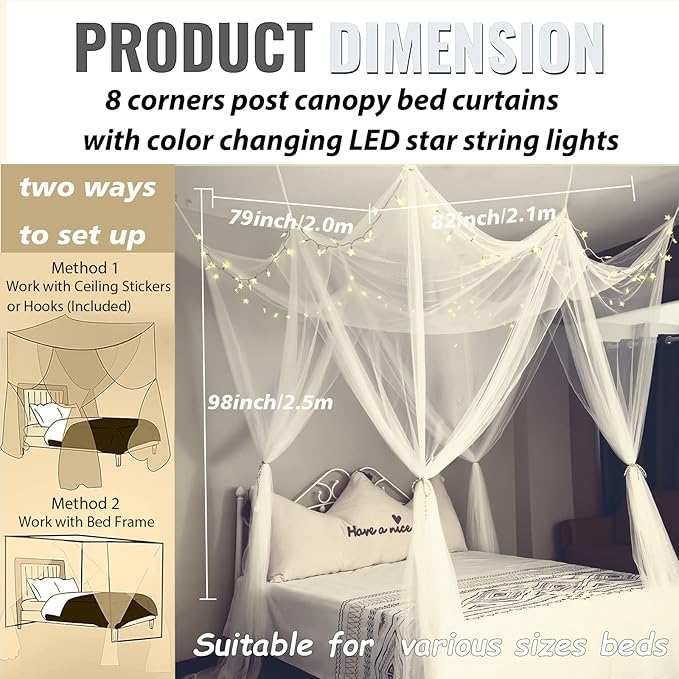 White Bed Canopy with Star Lights Girls Bedroom, 8 Corners Post Hanging Princess Canopy Bed Curtains 100 LED 24 Colors Changing String Lights Remote Timer for Kids Tent Twin Full Queen King Bed