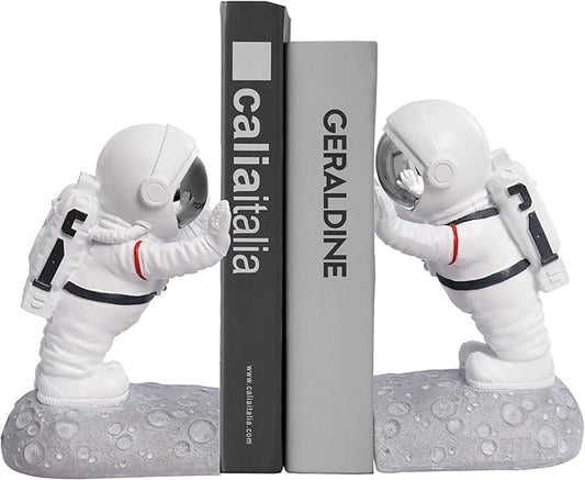 Book End Holder, Astronaut Bookends Outer Space Themed Astronaut Figurine Decorative Book Stoppers to Hold Books Heavy Duty Bookshelf Ends for Kids Rooms Space Decor Bookends (A-Silver Color)