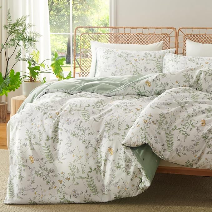 Botanical Duvet Cover Queen Sage Green Reversible Floral Bedding Set Farmhouse Leaf Bedding 3Pcs Modern Aesthetic Duvet Covers with Zipper Closure Ultra Soft Microfiber