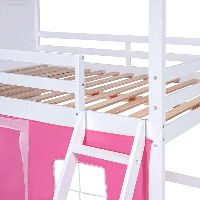 Twin Over Twin Pink Princess Castle Bunk Bed with Tent,Ladders and Guardrail, Solid Wood Playhouse House Floor Bunk Bed with Windows and Roof