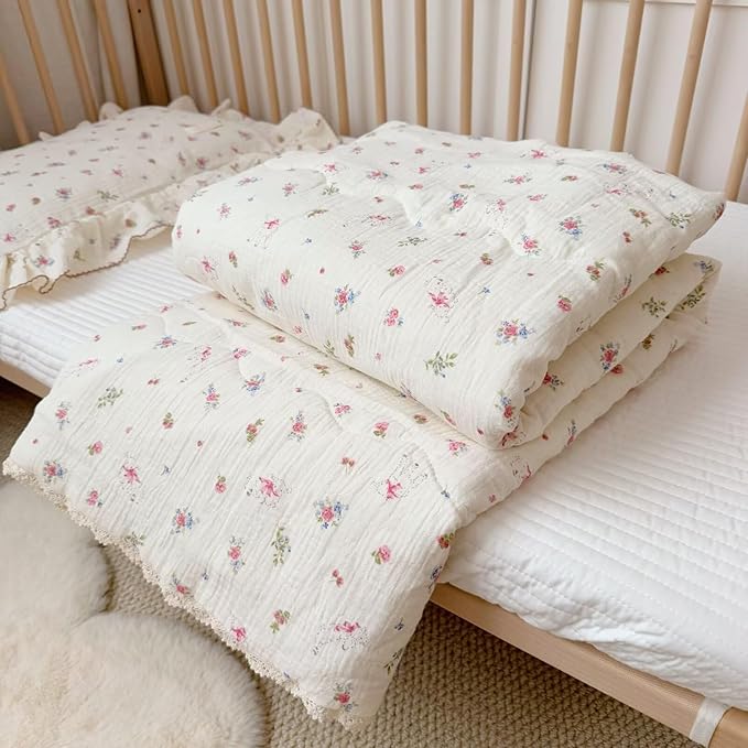 BuLuTu Pink Floral Kids Blanket for Todder/Twin Bed Muslin Cotton Comforter for Girls Boys, Soft Breathable Quilted Blanket Cute Sheep Pattern Toddler Quilt for All Seasons, 60x78 Inches