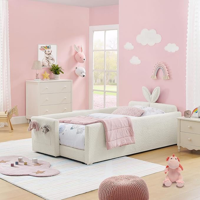 Twin Size Kids Bed with Rabbit Ear Headboard, Upholstered Boucle Fabric Twin Daybed with Slats Support & Side Pockets, Space-Saving Wooden Corner Sofa Couch Bed Frame, for Girls, Boys, Teenager(Beige)