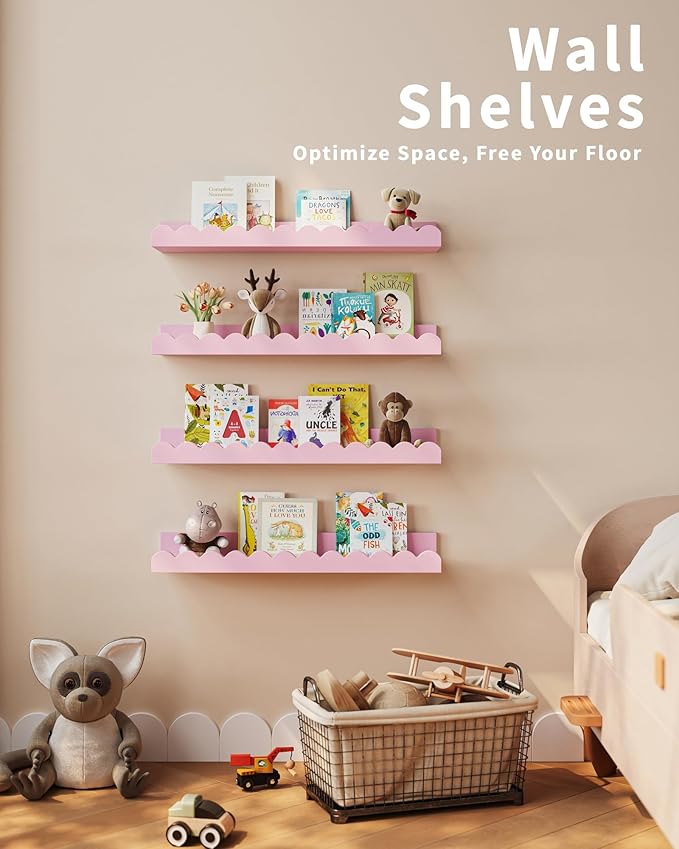 Shario Nursery Book Shelves, 4-Pack White Floating Shelves for Wall Kids, Scalloped Shelves, Wall Book Shelves for Bedroom Kids, Toddler Room, Baby Room, Nursery Decor(Pink, 16.5 Inches)