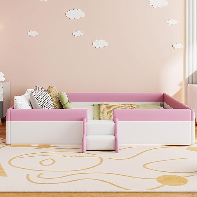 King Size Upholstered Daybed Frame with Fence and Stairs, Montessori Kids Floor Bed with Sturdy Slat Support for Kids Boys Girls