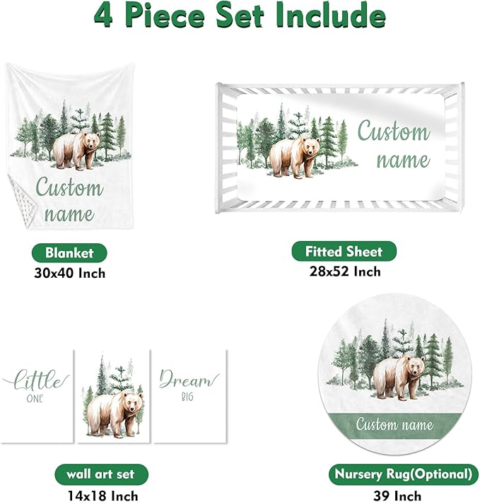 Custom Baby Crib Bedding Set,Personalized Name Brown Bear Theme Nursery Bed Set 4 Piece,Baby Blanket Fitted Sheet Nursery Rug Wall Art Set,Custom Room Decor Idea Gift for Newborns Boys Girls