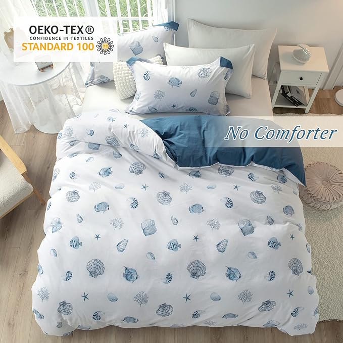 MILDLY 100% Washed Cotton Duvet Cover - Nautical Coastal Bedding Set Seashell Printed Blue Comforter Cover Set with Zipper Closure 4 Ties Queen Size