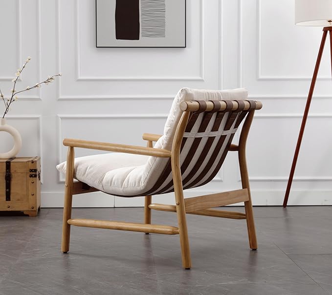 Linen Accent Chair Set of 2 Mid Century Modern Living Room Chairs Comfy Arm Chair with Solid Wood Frame Upholstered Lounge Reading Chair Cozy Recliner for Bedroom/Guest Room, Beige…