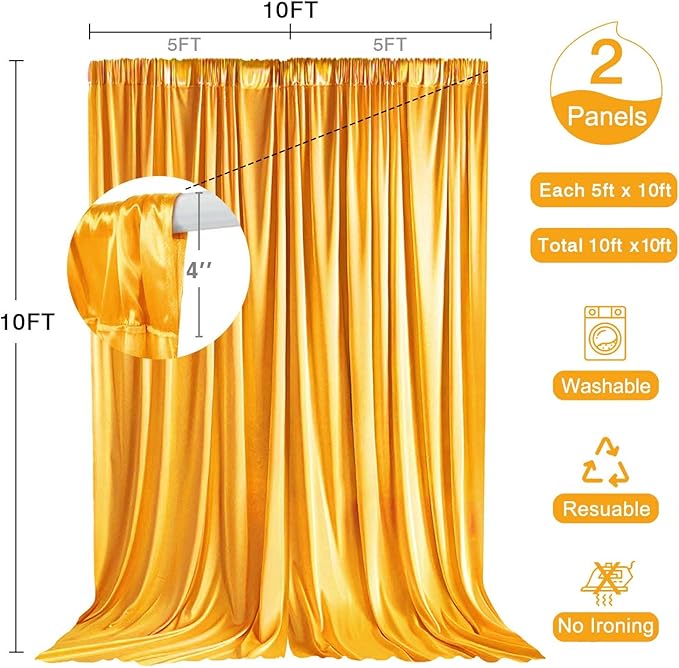 10x10ft Wedding Curtains Bright Yellow Wedding Backdrop for Ceremony Prom Stage Backdrop Satin Fabric Curtain Drapes Curtains Panels with Rod Pockets W5' x H10'2 Panels YUNBSDJ077