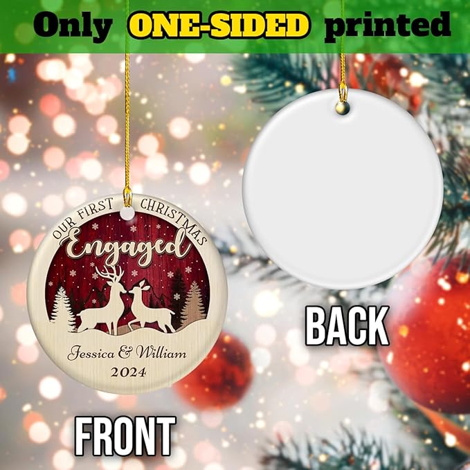 wowcugi Personalized First Christmas Engaged Ornament Personalized Reindeer Couple Ceramic Ornaments Engagement Ornament Wedding Keepsake Gifts for Newlywed Xmas Tree Decorations
