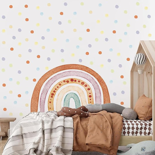 Large Rainbow Wall Decals, Colorful Watercolor Rainbow Wall Stickers, Peel and Stick Pastel Polka Dots Wallpaper for Girls Bedroom Nursery Classroom Wall Decor