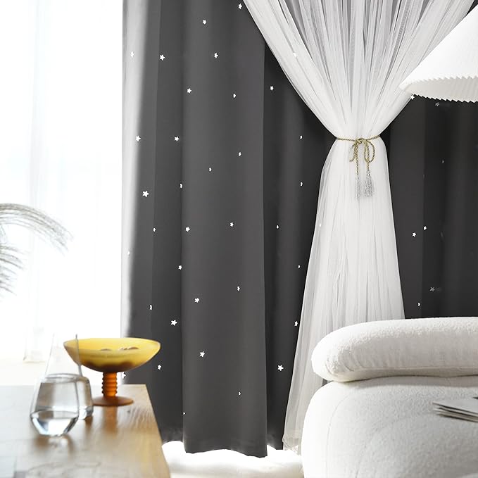 Kinryb Kids Blackout Curtains for Bedroom/Living Room/Classroom, Sheer Overlay 2 Panel Set, Double Layer Curtains with Star Cutout for Kids Room(Each Piece W 70 x L 84 Inches 2 Pcs Grey)