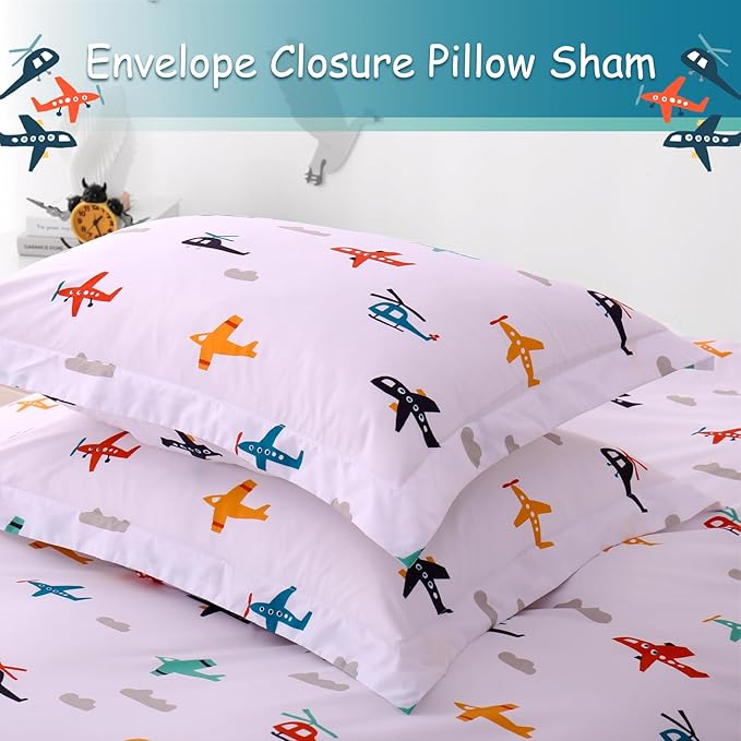 JSD Airplane Kids Duvet Cover Set Twin Size, 2 Piece Soft Printed Microfiber Comforter Cover with Pillow Sham Zipper Closure, Comforter Not Included