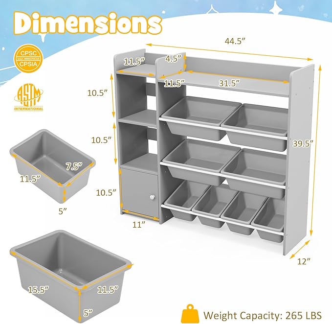 Costzon Kids Toy Storage Organizer, 4-Tier Kids Bookshelf Storage Cabinet w/8 Removable Bins, Preschool Children's Montessori Bookshelf w/Large Cabinet for Playroom, Daycare, Kids Room, Classroom