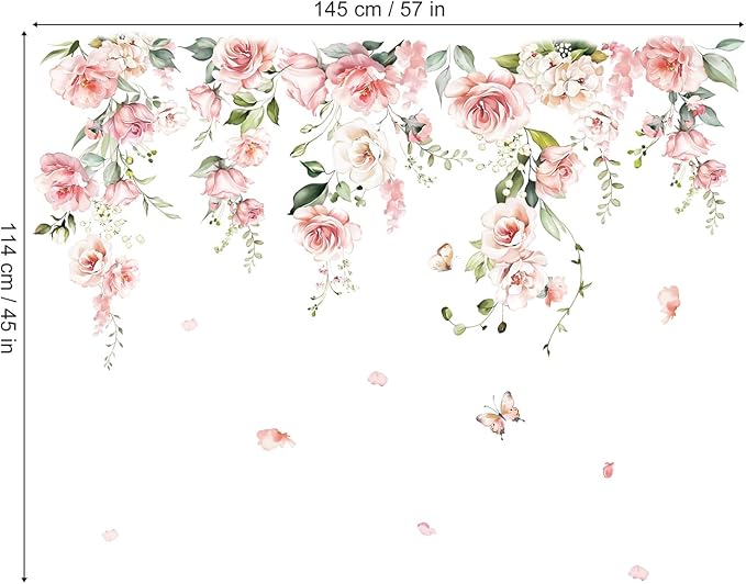 decalmile Large Pink Flower Wall Decals Hanging Vine Floral Wall Stickers Baby Nursery Girls Bedroom Living Room Wall Decor