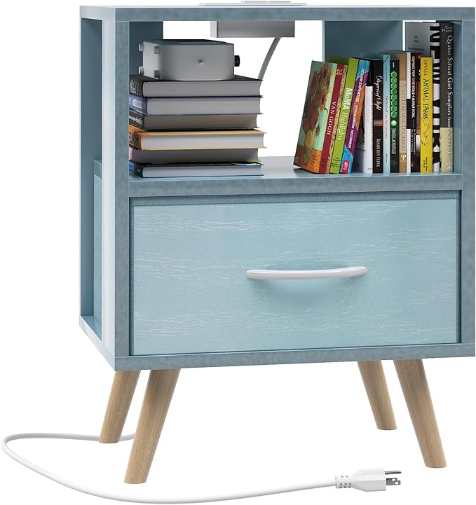 Night Stand with Charging Station, Blue Kids Nightstand with Drawer, 2-Tier Nursery Bedside Table with USB Ports and Outlets, End Table for Small Space, Living Room, Bedroom
