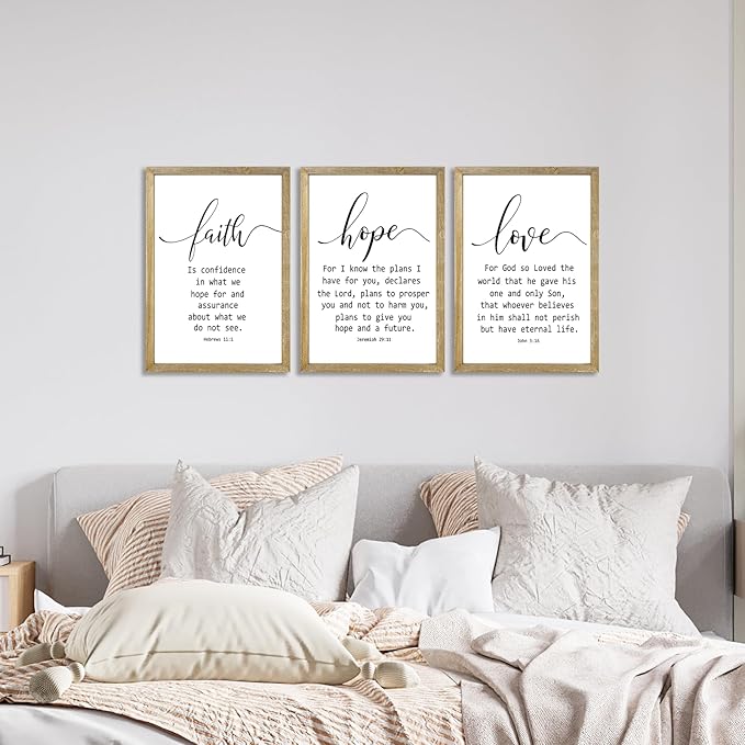Faith Hope and Love Bible Verses Wall Decor Sign 16x11Inch Wood Framed Set of 3 Farmhouse Living Room Christian Faith Scripture Art Inspirational Religious Quote Love Wall Hanging (Wood)